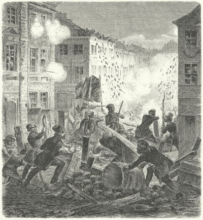 القتال عند حاجز أمام Colln Town Hall ، برلين ، ثورة 1848 (نقش) بواسطة المدرسة الألمانية