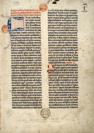 أُعدت الصفحة الأولى من الكتاب المقدس باللاتينية (vulgate) لغوتنبرغ في ماينز 1452 - 1454. بداية عهد القديس جيروم للكاهن بولين يتناول جميع كتب الكتاب المقدس. بواسطة المدرسة الألمانية