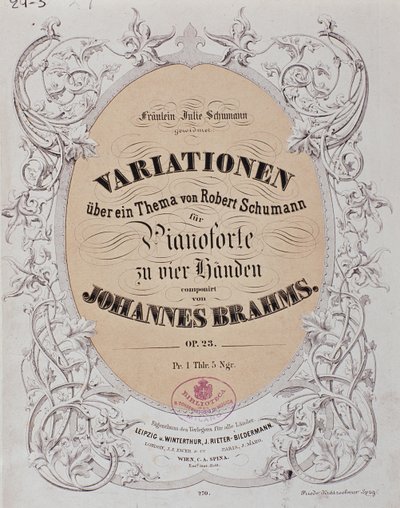 واجهة كتاب "الاختلافات حول موضوع بقلم روبرت شومان" (المرجع 23) بقلم يوهانس برامز (1833-1897) بواسطة المدرسة الألمانية