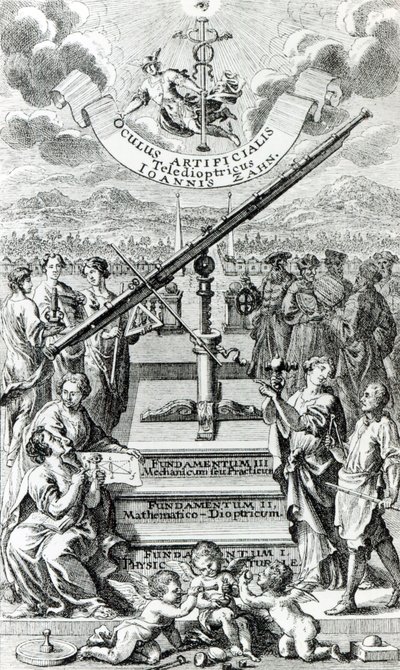 Frontispiece to Oculus Artificialis Teledioptricus Sive Telescopium بواسطة يوهان زان ، الطبعة الثانية التي نشرت في عام 1702 بواسطة المدرسة الألمانية