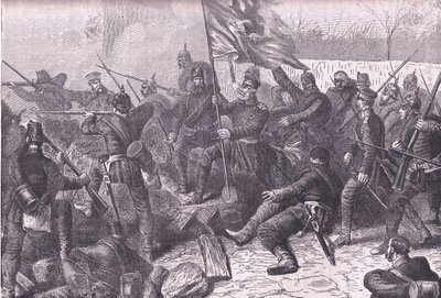 الجنرال فون بودريتسكي يقود الهجوم على Le Bourget ، Cassells History of the War بين فرنسا وألمانيا الذي نشرته Cassell and Company Limited ، c1890 (litho) بواسطة المدرسة الألمانية