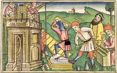 تكوين 11 1-9 بناء برج بابل ، من الكتاب المقدس نورمبرغ (Biblia Sacra Germanaica) (قطع خشبية ملونة) بواسطة المدرسة الألمانية
