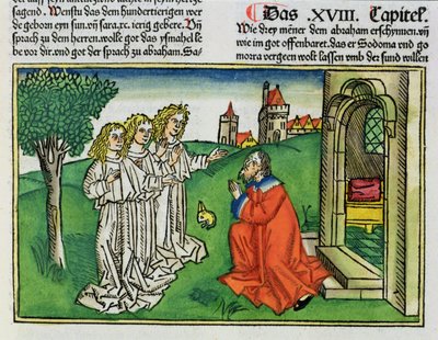 تكوين 18 2 إبراهيم والملائكة الثلاثة ، من الكتاب المقدس نورمبرغ (Biblia Sacra Germanaica) (قطع خشبية ملونة) بواسطة المدرسة الألمانية