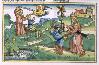 تكوين 21 1-14 أبراهام يقدم إسحاق ، من الكتاب المقدس نورمبرغ (Biblia Sacra Germanaica) (قطع خشبية ملونة) بواسطة المدرسة الألمانية