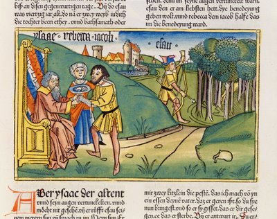 تكوين 27 6-29 ينال يعقوب بركة إسحاق ، من الكتاب المقدس نورمبرغ (Biblia Sacra Germanaica) (قطع خشبية ملونة) بواسطة المدرسة الألمانية