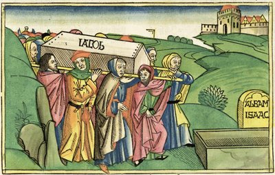 تكوين 49: 28-33 دفن يعقوب ، من الكتاب المقدس نورمبرغ (Biblia Sacra Germanaica) (قطع خشبية ملونة) بواسطة المدرسة الألمانية