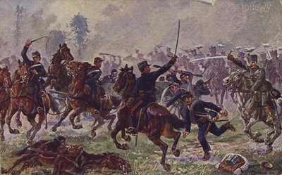 الفرسان الألمان يستولون على مدافع فرنسية في لونجوي، الحرب العالمية الأولى، 22 أغسطس 1914 (صورة حجرية ملونة) بواسطة المدرسة الألمانية