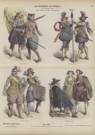 German military and bourgeois costumes, early 17th Century (coloured engraving) بواسطة المدرسة الألمانية