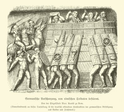 Germanic fortification under attack by Roman soldiers (engraving) بواسطة المدرسة الألمانية