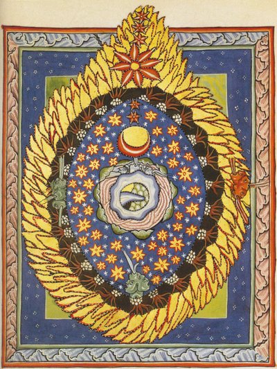 الله والكون والإنسانية. منمنمة من Liber Scivias بقلم هيلدغارد من بينجن، حوالي 1175 (ألوان مائية على الرق) بواسطة المدرسة الألمانية