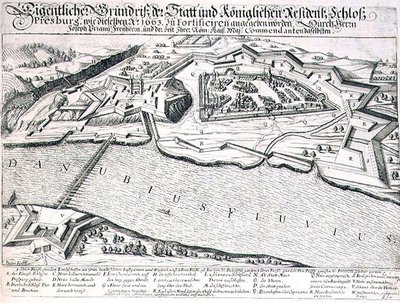 مخطط أرضي لمدينة وقلعة بريسبورغ وتحصيناتها في عام 1663 ، رسم توضيحي من كتاب عن الحملات العثمانية في أوروبا ، نقش بواسطة بول فورست (1605-66) (نقش) بواسطة المدرسة الألمانية