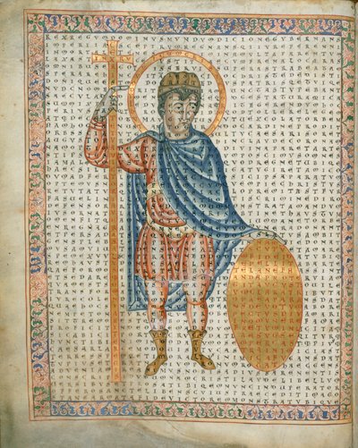 هارلي 3045 الصفحة 2 ، الإمبراطور لويس الأول ، الورع ، يحمل صليبًا ودرعًا ، من De Laudibus Sancte Crucis ، حوالي 1170-79 (ورق) ؛ بواسطة المدرسة الألمانية