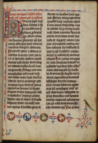 Harley 3973 f.1 ، الحرف الأول المأهول بالسكان (umane) مع مخلوقات هجينة وقلم مزدهر يشكل حدودًا ثلاثية الجوانب (رق) بواسطة المدرسة الألمانية