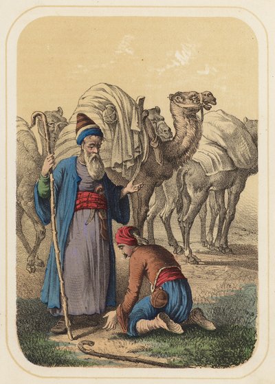 هارون الرشيد وعبدالله في مشهد من فيلم ألف ليلة وليلة (لون ليثو) بواسطة المدرسة الألمانية