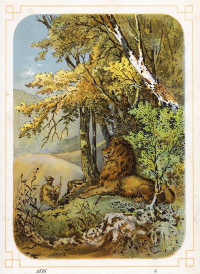 Hunter approaching lion (colour litho) بواسطة المدرسة الألمانية