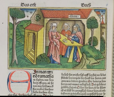 أنا صموئيل 1: 8 Elkanah يوازي هانا ، من كتاب نورمبرغ (Biblia Sacra Germanaica) (قطع خشبية ملونة) بواسطة المدرسة الألمانية