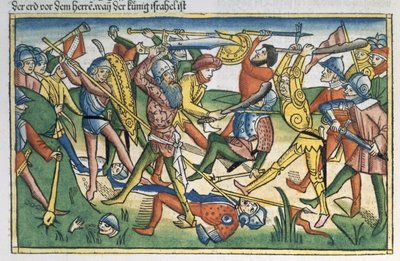 أنا صموئيل 28 1-2 حرب الفلسطينيين ضد إسرائيل ، من الكتاب المقدس نورمبرغ (Biblia Sacra Germanaica) (قطع خشبية ملونة) بواسطة المدرسة الألمانية