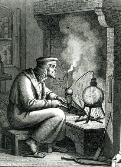 رسم توضيحي من Goethes Faust يصور Mephistopheles الذي يخلق لوزة ، 1854 بواسطة المدرسة الألمانية