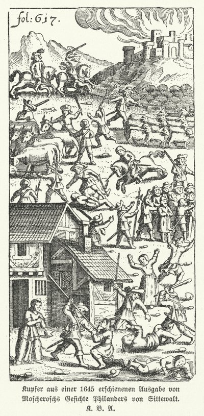 رسم توضيحي من طبعة 1645 من عمل الكاتب الألماني يوهان مايكل موشيروش الساخر Wunderliche und Wahrhrachtige Gesichte Philanders von Sittewald (رؤى رائعة وحقيقية لفيلاندر فون سيتوالد) (ليثو) بواسطة المدرسة الألمانية