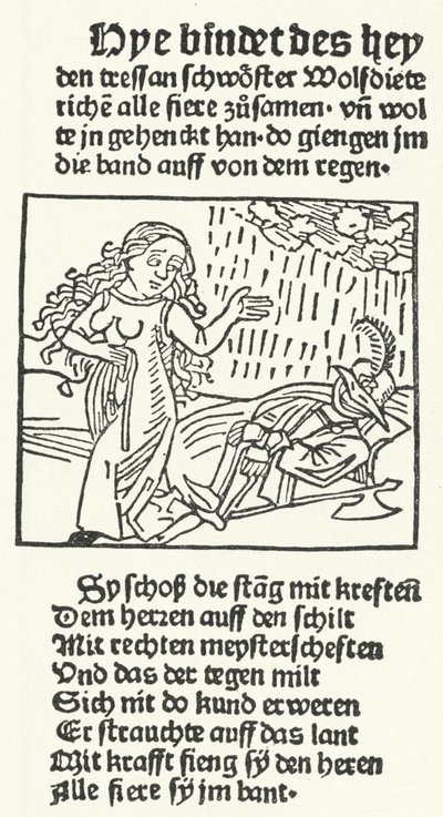 رسم توضيحي من قصة البطل الرومانسي ولفديتريش ، الذي نشره هانز شونسبيرجر في أوغسبورغ عام 1491 (نقش) بواسطة المدرسة الألمانية