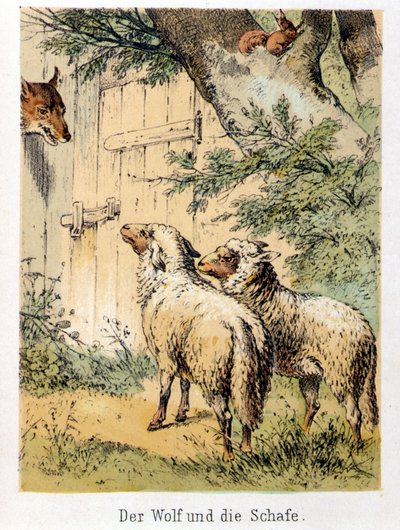رسم توضيحي لحكايات فرانز هوفمان "" حكايات وأساطير - الذئب والأغنام ": ذئب يتحدث مع الخروفين. الطباعة الحجرية الملونة في القرن التاسع عشر. بواسطة المدرسة الألمانية