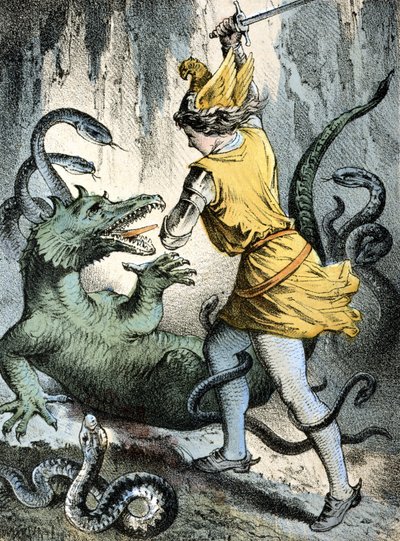 رسم توضيحي لحكايات فرانز هوفمان "" حكايات وخرافات ":" "Von Wunderhold und Tausendsch¿n" (رجل يقتل وحشًا أو تنينًا). الطباعة الحجرية الملونة في القرن التاسع عشر. بواسطة المدرسة الألمانية
