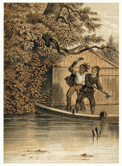 رسم توضيحي لغزو الأوروبيين لنهر الأمازون. في "De Bootslieden der Amazon-River" ، كارل مولر ، هولندا بواسطة المدرسة الألمانية