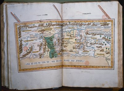 Inc. 425 خريطة للأراضي المقدسة ، استنادًا إلى الأوصاف والإحداثيات الواردة في Cosmographica ، بواسطة بطليموس (كلوديوس بطليموس من الإسكندرية) (ج. بواسطة المدرسة الألمانية