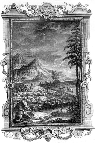 يعقوب ، الراعي المؤمن ، يحمي قطيعه من هجوم الذئاب ، 1731 (نقش على صفيحة نحاسية) بواسطة المدرسة الألمانية