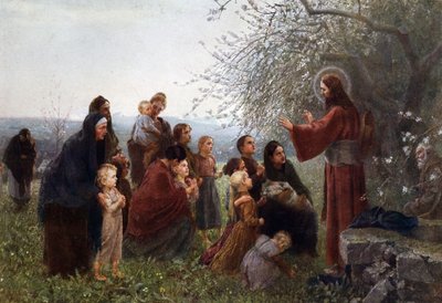 يسوع مع النساء والأطفال ("دع الأطفال الصغار يأتون إليّ") ألمانيا ضد 1880. بواسطة المدرسة الألمانية