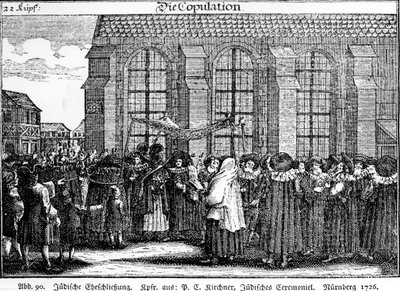 موكب زفاف يهودي بقلم جورج بوشنر من Kirchners Jüdisches Ceremoniel ، 1726 بواسطة المدرسة الألمانية