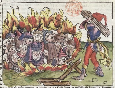 حرق اليهود على المحك ، من نورنبرغ كرونيكل بقلم هارتمان شيدل (1440-1514) ، 1493 (قطع خشبية ملونة) بواسطة المدرسة الألمانية