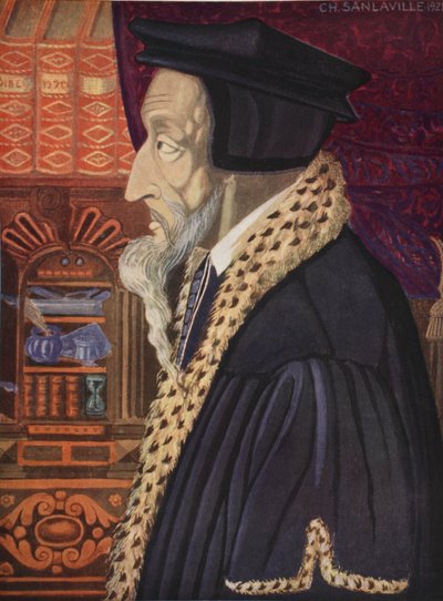 جون كالفن ، نسخة من M. Charles Sanlaville (fl.1920-30) ، رسم توضيحي من تاريخ الأمة الفرنسية ، بواسطة Gabriel Hanotaux (1853-1944) ، 1924 بواسطة المدرسة الألمانية