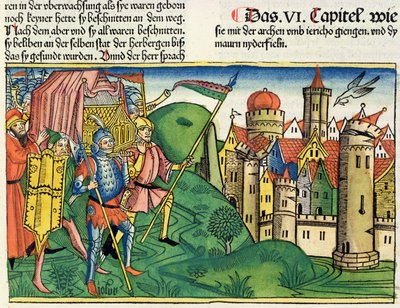 يشوع 6 4-21 سقوط أريحا ، من الكتاب المقدس نورمبرغ (Biblia Sacra Germanaica) (قطع خشبية ملونة) بواسطة المدرسة الألمانية