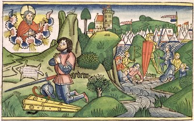 القضاة 6 36 جدعون يخرج الصوف من كتاب نورمبرغ (Biblia Sacra Germanaica) (قطع خشبية ملونة) بواسطة المدرسة الألمانية