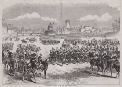 Kaiser Wilhelm I of Germany watching his army parade at Longchamp, Paris, France, March 1871 (engraving) بواسطة المدرسة الألمانية