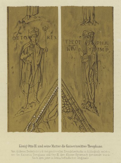 King Otto III and his mother Theophania, Empress Consort of Otto II, Holy Roman Emperor (colour litho) بواسطة المدرسة الألمانية