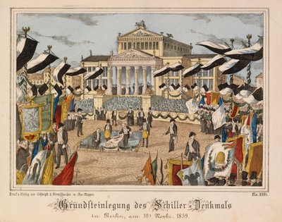 وضع حجر الأساس لنصب Schiller في Gendarmenmarkt ، برلين ، 10 نوفمبر 1859 ، مع Schauspielhaus في الخلفية ، من Neuruppiner Bilderbogen ، نشره Oehmigle & Ri بواسطة المدرسة الألمانية