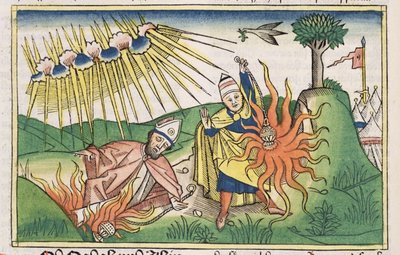 Leviticus 10 1-2 تقدم Nadab و Abihu نارًا غير مقدسة وتموت ، من الكتاب المقدس نورمبرغ (Biblia Sacra Germanaica) (قطع خشبية ملونة) بواسطة المدرسة الألمانية