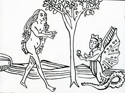 ليليث ، المجنحة والمتوجة ، وذيل الثعبان ، تقدم التفاحة إلى حواء ، من `` Speculum Humanae Salvationis &39;&39; ، بعد النسخة الأصلية لعام 1470 بواسطة المدرسة الألمانية