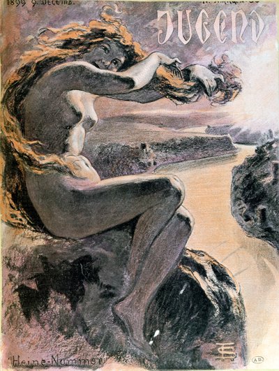 لوريلي ونهر الراين ، غلاف العدد الخاص من مجلة Jugend المكرسة للشاعر هاينريش هاين (1797-1856) ، 9 ديسمبر 1899 بواسطة المدرسة الألمانية