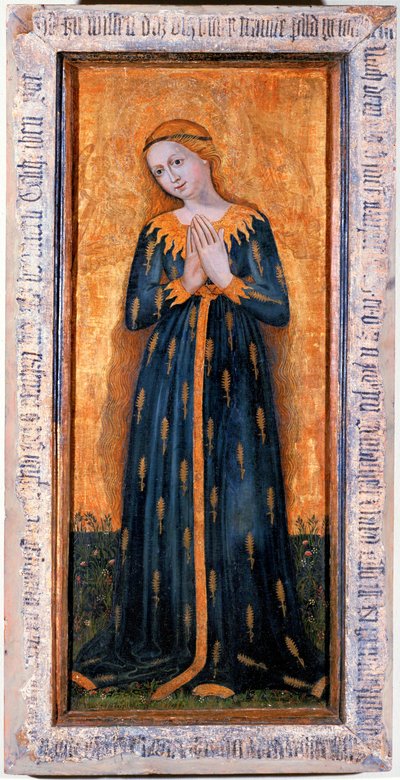 مادونا ترتدي رداء من الذرة (تمبراً على الخشب) بواسطة المدرسة الألمانية