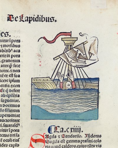 رجل ينزل في زورق غارق في السفينة ، رسم توضيحي من Hortus Sanitatis ، 1491 (قطع خشبية ملونة) بواسطة المدرسة الألمانية