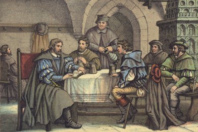مارتن لوثر في محادثة مع الطلاب في Gasthof der Baren ، Jena (chromolitho) بواسطة المدرسة الألمانية
