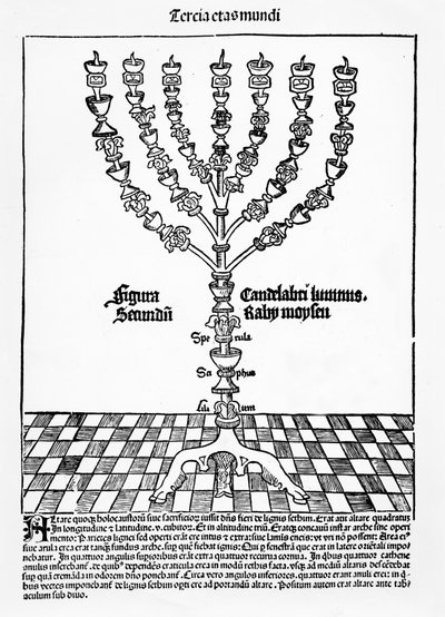 Menorah ، من Liber Chronicarum بواسطة Hartmann Schedel ، تم نشره في نورمبرغ ، 1493 بواسطة المدرسة الألمانية