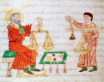 التجار يستخدمون الموازين للوزن والمساومة. صورة مصغرة مأخوذة من مخطوطة "De Universo" أو "De rerum naturis" (من طبيعة الأشياء) بقلم رابانوس ماوروس ماجننتيوس (أو رابان مور أو رابانو ماورو ، حوالي 780-856). القرن التاسع. أرشيف مونتي سي بواسطة المدرسة الألمانية