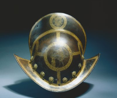 Morion of the State Guard of the State of Elector Christian I of Saxony، Nuremberg، c.1580-91 (فولاذ روسي محفور ومذهب) بواسطة المدرسة الألمانية