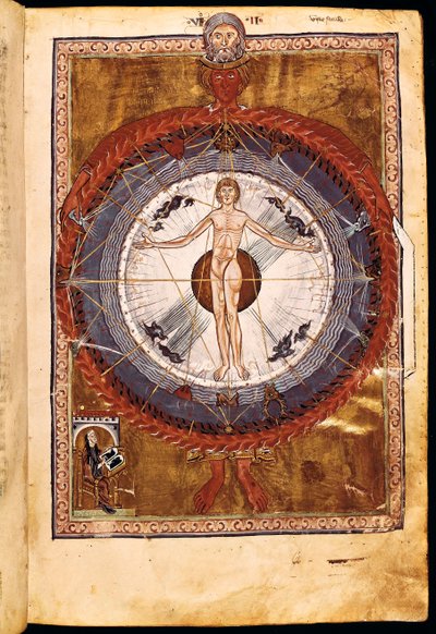 السيدة 1942 المجالات الكونية والكائن البشري ، رؤية هيلدغارد أوف بينغن من "Liber Divinorum Operum" ، ج 1220-30 بواسطة المدرسة الألمانية