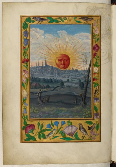 السيدة هارلي 3469 ، f.33v الشمس مع ارتفاع وجه الإنسان ، الرسالة الخامسة ، من "روعة سوليس" بقلم سالومون تريزموسين بواسطة المدرسة الألمانية
