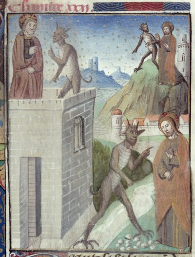 السيدة Hunter 36 f.110r المشاهد الثلاثة للإغراء ، من Vita Christi ، بواسطة Ludolf of Saxony ، c.1300-7778 بواسطة المدرسة الألمانية